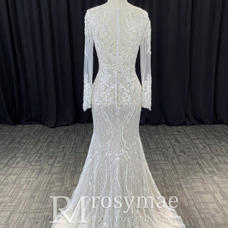 Mermaid Lace Long Sleeve Wedding Dresses & Gowns with Sheer Neck