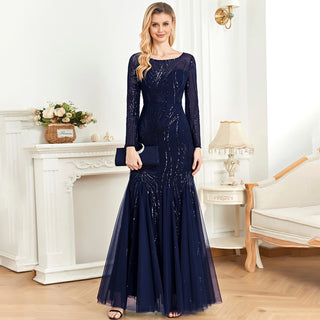 Sparkly Sequins Evening Dress Long Sleeves Wedding Party Maxi Dress