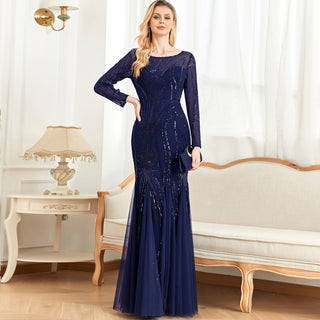 Sparkly Sequins Evening Dress Long Sleeves Wedding Party Maxi Dress