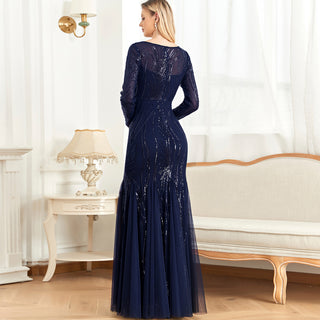 Sparkly Sequins Evening Dress Long Sleeves Wedding Party Maxi Dress