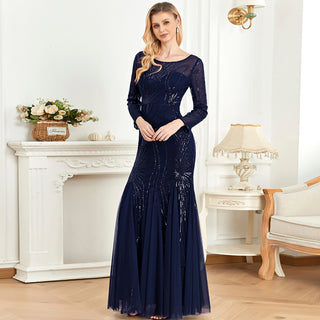 Sparkly Sequins Evening Dress Long Sleeves Wedding Party Maxi Dress