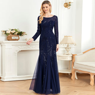 Sparkly Sequins Evening Dress Long Sleeves Wedding Party Maxi Dress