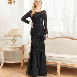 Sparkly Sequins Evening Dress Long Sleeves Wedding Party Maxi Dress