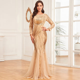 Sparkly Sequins Evening Dress Long Sleeves Wedding Party Maxi Dress