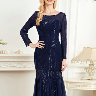 Sparkly Sequins Evening Dress Long Sleeves Wedding Party Maxi Dress