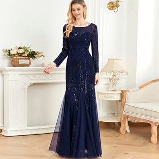 Sparkly Sequins Evening Dress Long Sleeves Wedding Party Maxi Dress