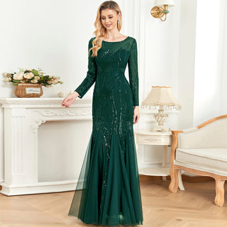 Sparkly Sequins Evening Dress Long Sleeves Wedding Party Maxi Dress