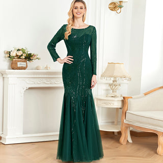 Sparkly Sequins Evening Dress Long Sleeves Wedding Party Maxi Dress