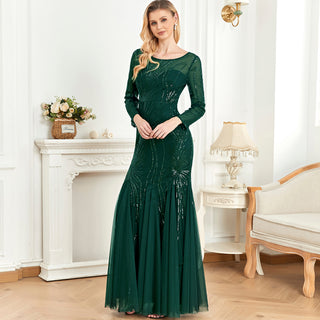 Sparkly Sequins Evening Dress Long Sleeves Wedding Party Maxi Dress