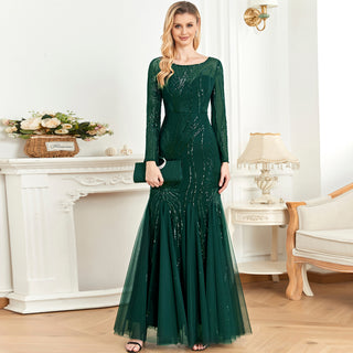 Sparkly Sequins Evening Dress Long Sleeves Wedding Party Maxi Dress