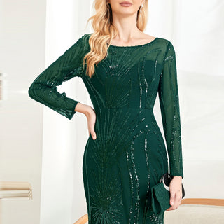 Sparkly Sequins Evening Dress Long Sleeves Wedding Party Maxi Dress