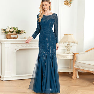 Sparkly Sequins Evening Dress Long Sleeves Wedding Party Maxi Dress