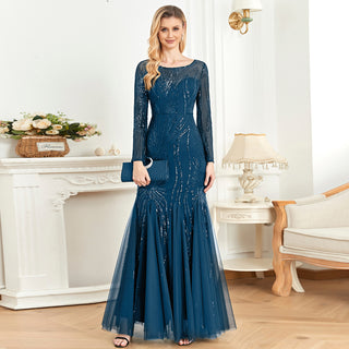 Sparkly Sequins Evening Dress Long Sleeves Wedding Party Maxi Dress