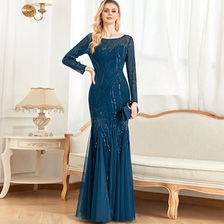 Sparkly Sequins Evening Dress Long Sleeves Wedding Party Maxi Dress