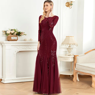 Sparkly Sequins Evening Dress Long Sleeves Wedding Party Maxi Dress