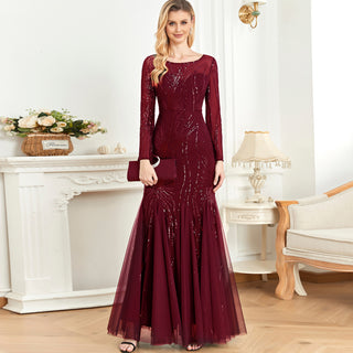 Sparkly Sequins Evening Dress Long Sleeves Wedding Party Maxi Dress