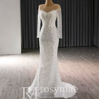 Long Sleeve Sparkly High Back Wedding Dress with Detachable Skirt