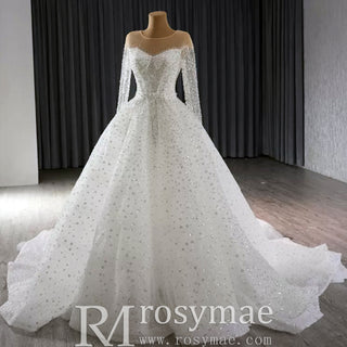 Long Sleeve Sparkly High Back Wedding Dress with Detachable Skirt