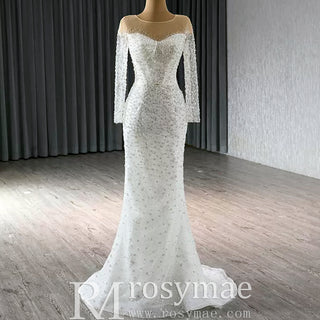 Long Sleeve Sparkly High Back Wedding Dress with Detachable Skirt