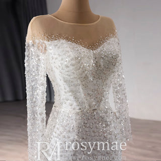 Long Sleeve Sparkly High Back Wedding Dress with Detachable Skirt