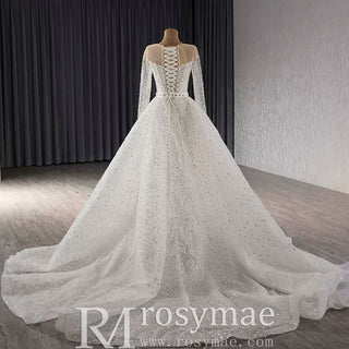 Long Sleeve Sparkly High Back Wedding Dress with Detachable Skirt