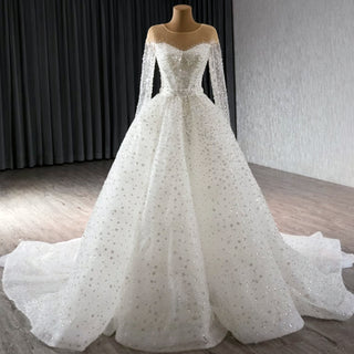 Long Sleeve Sparkly High Back Wedding Dress with Detachable Skirt