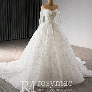 Long Sleeve Sparkly High Back Wedding Dress with Detachable Skirt