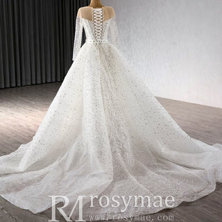 Long Sleeve Sparkly High Back Wedding Dress with Detachable Skirt