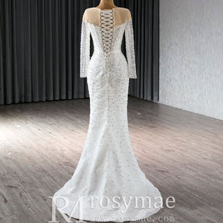 Long Sleeve Sparkly High Back Wedding Dress with Detachable Skirt