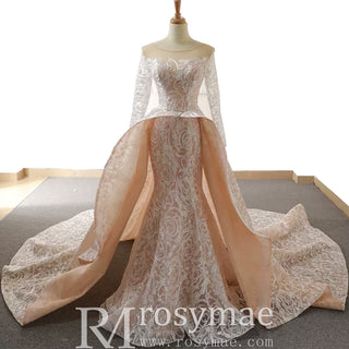 Champagne Mermaid Lace Long Sleeve Keyhole Wedding Dress