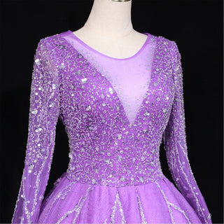 Long Sleeves O-Neck Beads Ball Gown Purple Prom Dress
