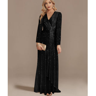 Sequins Long Sleeves Evening Dress High Back V-Neck Prom Dress