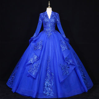 Fashion Long Sleeves Ball Gown V-Neck Lace Applique Prom Dress
