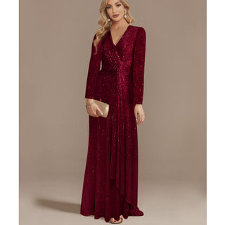 Sequins Long Sleeves Evening Dress High Back V-Neck Prom Dress