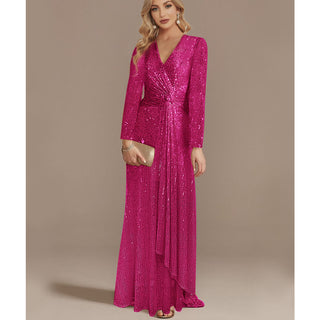 Sequins Long Sleeves Evening Dress High Back V-Neck Prom Dress