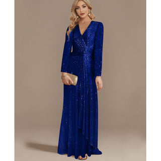 Sequins Long Sleeves Evening Dress High Back V-Neck Prom Dress