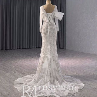 Elegant Long Sleeves Luxury Wedding Dress with Sparkly Crystals+