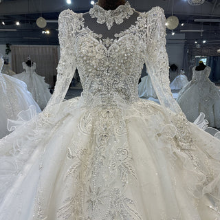 Turtle O-neck Luxury Sparkly Wedding Dress with Long Sleeve
