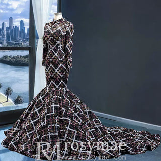 Multicolor Sequin Long Sleeve Prom Dresses Vintage Formal Gown