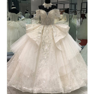 Luxury Princess Ruffle Ball Gown Glitter Wedding Dress with Short Sleeve