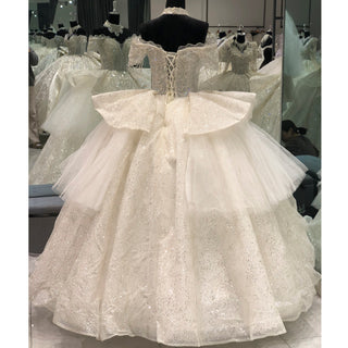 Luxury Princess Ruffle Ball Gown Glitter Wedding Dress with Short Sleeve