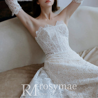 Romantic Embroidered Lace Strapless Wedding Dress with Detachable Train