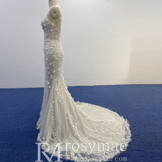 Fit Flare Princess Lace Flowers Wedding Dress with Spaghetti Strap