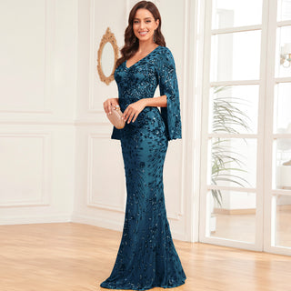 Glitter Mermaid Dress Mother of The Bride Long Sleeve V-Neck Formal Gown