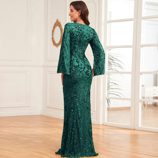 Glitter Mermaid Dress Mother of The Bride Long Sleeve V-Neck Formal Gown