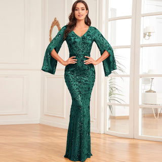 Glitter Mermaid Dress Mother of The Bride Long Sleeve V-Neck Formal Gown