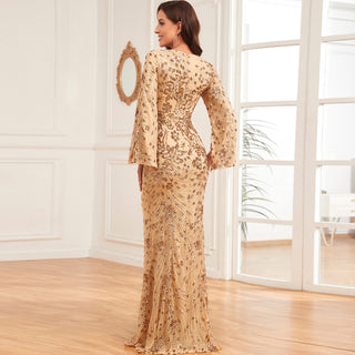 Glitter Mermaid Dress Mother of The Bride Long Sleeve V-Neck Formal Gown