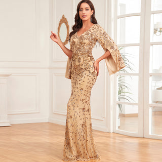 Glitter Mermaid Dress Mother of The Bride Long Sleeve V-Neck Formal Gown