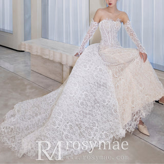 Romantic Embroidered Lace Strapless Wedding Dress with Detachable Train