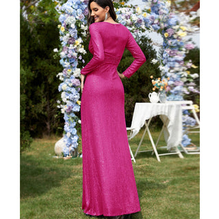 Sequins Long Sleeves Evening Dress High Back V-Neck Prom Dress